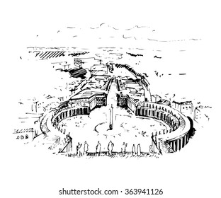 Hand drawn Saint Peter Square and Saint Peter Basilica. Vatican City, Rome, Italy. Vector illustration.