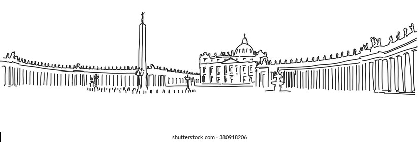 Hand drawn Saint Peter Square and Saint Peter Basilica. Vatican. Outline Sketch.