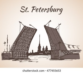 Hand drawn Saint Petersburg bridge and flag