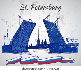 Hand drawn Saint Petersburg bridge and flag