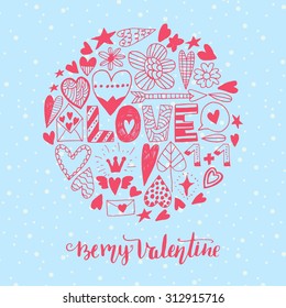 Hand drawn saint valentine day doodle icon set. Vector elements for invitations, scrapbooking, cards, posters. Vintage hearts and lettering. 