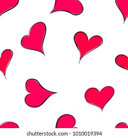 Hand drawn saint valentine seamless pattern of pink hearts with template in swatches panel. Doodle heart shapes. Vector illustration.