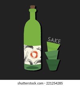 Hand drawn sake illustration, bottle and glass on chalkboard.