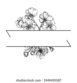 Hand drawn Sakura floral logo, frame, border, promo element. Brand emblem template. Minimalistic monogram. Rustic elegant trademark or logotypes background.