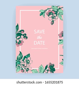 Hand drawn sakura pink blossom flowers and leaves on branches on white background, vintage style pastel color vector illustration, Botanical drawing cherry wedding invitation card, template design