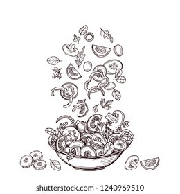 Hand drawn salad. Fresh vegetable slices falling to salad-bowl. Green salads diet and healthy food vector sketch concept. Fresh salad sketch, vegetarian healthy vegetable illustration