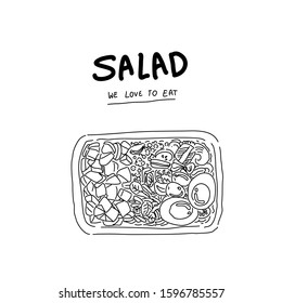 Hand drawn salad. Fresh vegetable slices falling to salad-bowl. Green salads diet and healthy food vector sketch concept. Fresh salad sketch, vegetarian healthy vegetable illustration