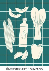 Hand drawn salad ingredients set on the squared background. Food illustration 