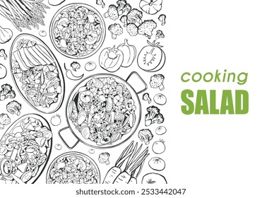 Saladas feitas à mão. Modelo de design de menu de comida. Ilustração de vetor de vista de cima de comida. Alimentação saudável. Coleção de saladas de esboço desenhadas à mão.