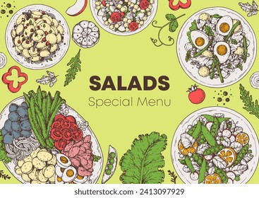 Hand drawn salads. Food top view vector illustration. Healthy eating. Salads collection. Food menu design template. Hand drawn sketch.