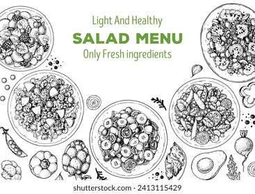 Ensaladas dibujadas a mano. Ilustración vectorial de la vista superior de alimentos. Comer sano. Colección de ensaladas. Plantilla de diseño de menú de comida. Esbozo dibujado a mano.