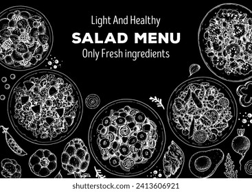 Hand drawn salads. Food top view vector illustration. Healthy eating. Salads collection. Food menu design template. Hand drawn sketch.