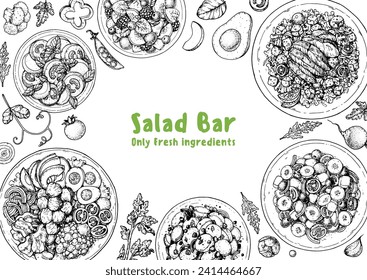 Hand drawn salads. Food top view vector illustration. Healthy eating. Salads collection. Food menu design template. Hand drawn sketch.