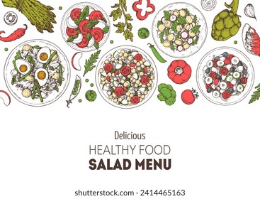 Hand drawn salads. Food top view vector illustration. Healthy eating. Salads collection. Food menu design template. Hand drawn sketch.