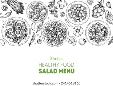 Ensaladas dibujadas a mano. Ilustración vectorial de la vista superior de alimentos. Comer sano. Colección de ensaladas. Plantilla de diseño de menú de comida. Esbozo dibujado a mano.