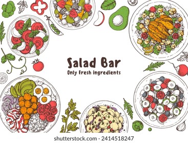 Hand drawn salads. Food top view vector illustration. Healthy eating. Salads collection. Food menu design template. Hand drawn sketch.