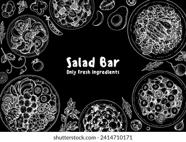 Hand drawn salads. Food top view vector illustration. Healthy eating. Salads collection. Food menu design template. Hand drawn sketch.