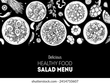 Hand drawn salads. Food top view vector illustration. Healthy eating. Salads collection. Food menu design template. Hand drawn sketch.