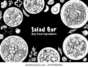 Hand drawn salads. Food top view vector illustration. Healthy eating. Salads collection. Food menu design template. Hand drawn sketch.