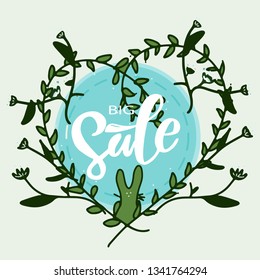 Hand drawn Sale advertising typography poster. Quote "Sale" for advertising template, icon, logo or badge in mint and white color. Calligraphy sticker in floral wreath.