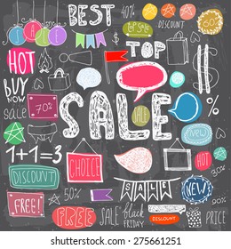 Hand drawn sale doodles. Vector illustrations. Black friday set. 