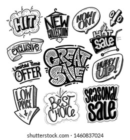 Hand drawn sale signs and prints set - great sale, hit, limited time offer, low price, best choice, seasonal sale, exclusive, new collection, hot sale, hurry up, etc. Comic style symbols vector illust