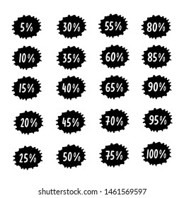 Hand drawn sale tags set vector badges template, 5 off, 10, 15, 20, 25, 35, 50, 60, 70,  80, 90 percent label symbols, discount flat icon, sticker emblem 