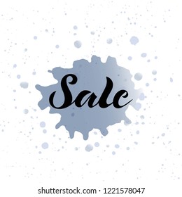 Hand drawn "Sale" vector banner on watercolor background. Black lettering typography for logo, poster, card, flyer, advertisment, price tag, offer.