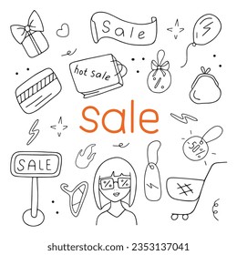 Hand drawn sale vector illustration set. Isolated on white background.