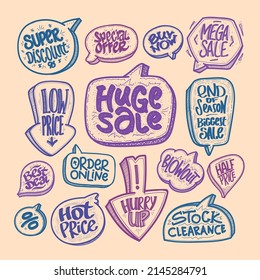 Hand drawn sale vector signs and labels collection - huge sale, super discount, buy now, mega sale, low price, best deal, end of season mega sale, half price, order online, hot price, etc.