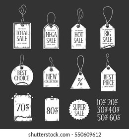Hand drawn sales tags doodle set. Advertising labels badges collection. Vector vintage illustration.