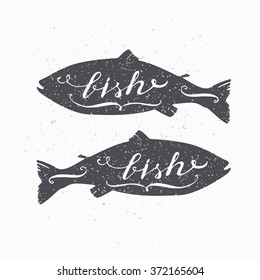 Hand drawn salmon fish hipster silhouette. Hand lettering. Seafood shop template for craft packaging or food restaurant design. Grunge paper style background. Vector illustration