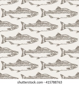 Hand drawn salmon fish seamless background. Vector illustration seafood