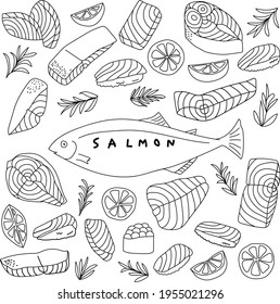 Hand drawn salmon fish and sliced pieces with sashimi and lemon fruit. Vector illustration in doodle art style on white background