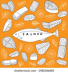 Hand drawn salmon fish and sliced pieces with sashimi and lemon fruit in doodle art style on orange background