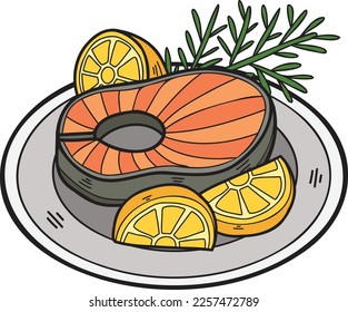 Hand Drawn Salmon steak on a plate illustration in doodle style isolated on background