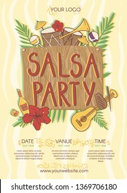 Hand drawn salsa party flyer. Musical instruments, palm,cocktails and other party elements, Vector template with place for your text.