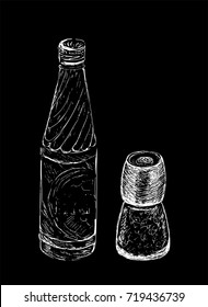 Hand drawn salt and pepper mill, shaker, grinder and bottle of water. Vector sketch illustration on black background. White line Drawing. Doodle style. Vintage engraving. 