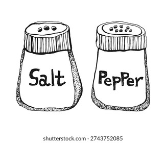 Hand drawn salt and pepper shakers sketch vector illustration. Vintage style saltcellar and pepper pot for restaurant menu, kitchen decors, culinary blogs, cookbook, packaging design, stickers.