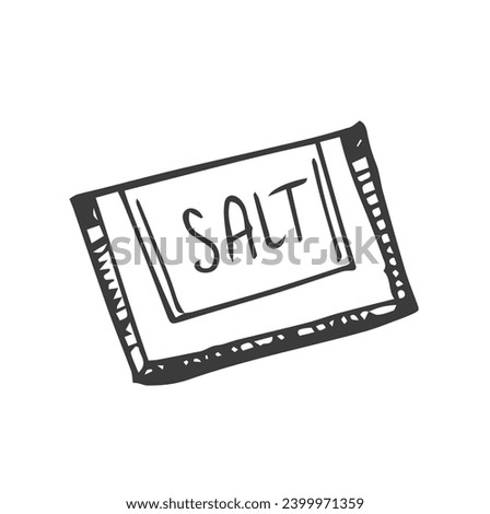 Hand drawn salt sachet In doodle style, black outline isolated on a white background. Cute element for cards, social media banners, stickers. Vector illustration.