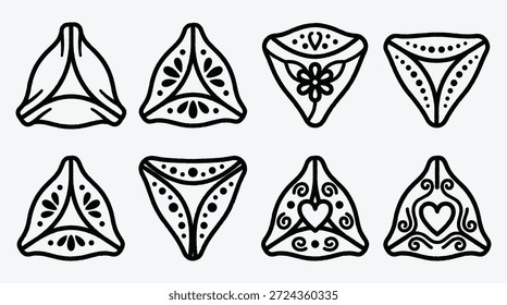 Hand drawn samosas with various designs and patterns Indian food