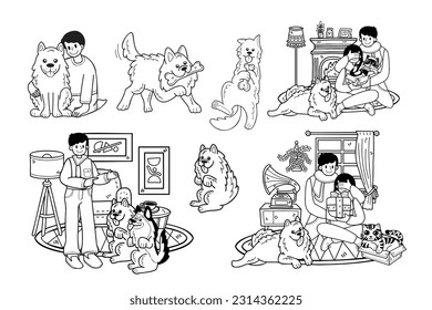 Hand Drawn Samoyed dog and family collection in flat style illustration for business ideas isolated on background