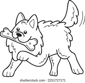 Hand Drawn Samoyed Dog holding the bone illustration in doodle style isolated on background