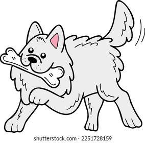 Hand Drawn Samoyed Dog holding the bone illustration in doodle style isolated on background