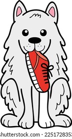 Hand Drawn Samoyed Dog holding shoes illustration in doodle style isolated on background
