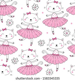 hand drawn Sample pattern with Cat, ballerina illustration, children print on t-shirt.