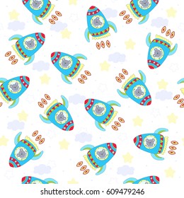 hand drawn Sample pattern with cute Rocket and bear vector illustration