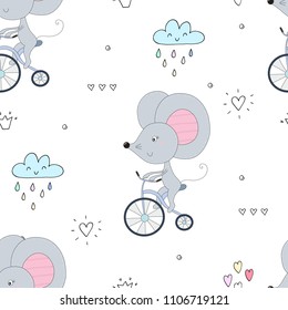 hand drawn Sample pattern with little mouse riding a bicycle.