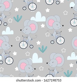 hand drawn Sample pattern with little mouse riding a bicycle