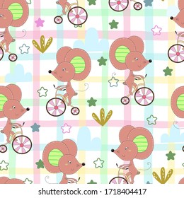 hand drawn Sample pattern with little mouse riding a bicycle